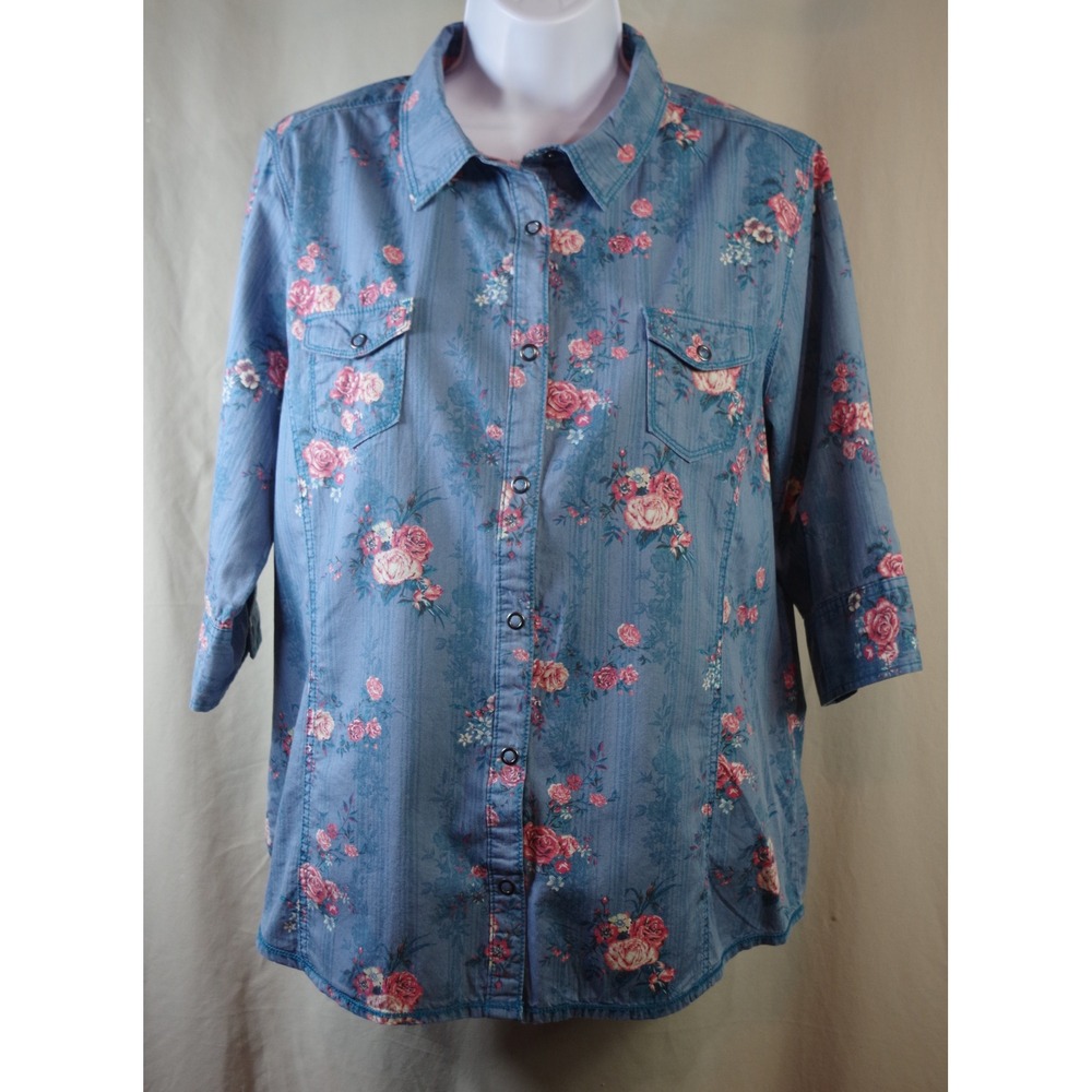 Legacy Falls‎ Women's Large Blue Floral Cotton Button Down Shirt Roll Tab Sleeve